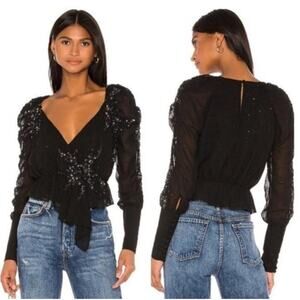 LPA Cara‎ Embellished Sequin Blouse Top Black Long Sleeves Women’s Size Small